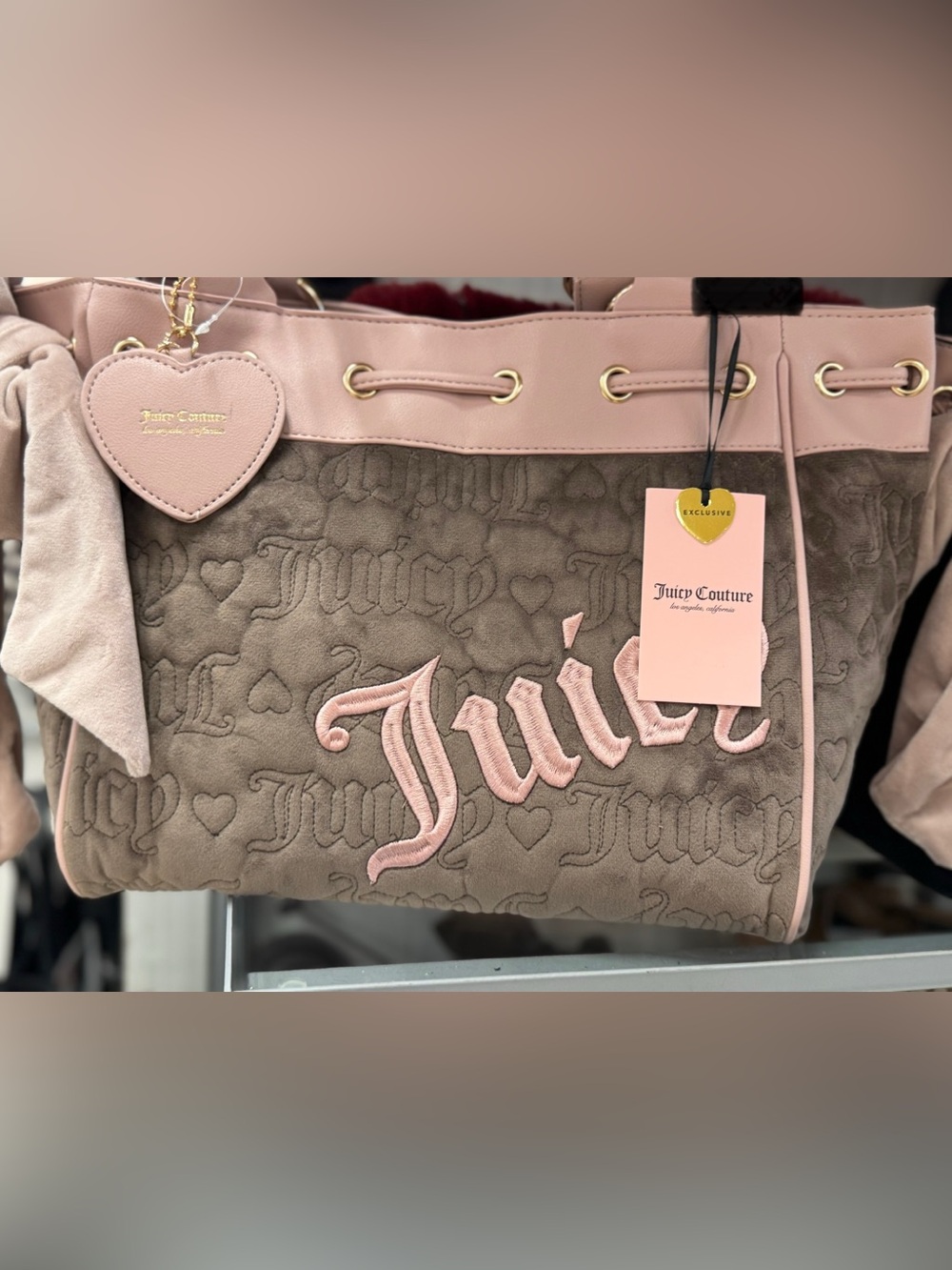 Juicy Couture Taupe Suede Tote with Pink Trim and Embroidered Logo